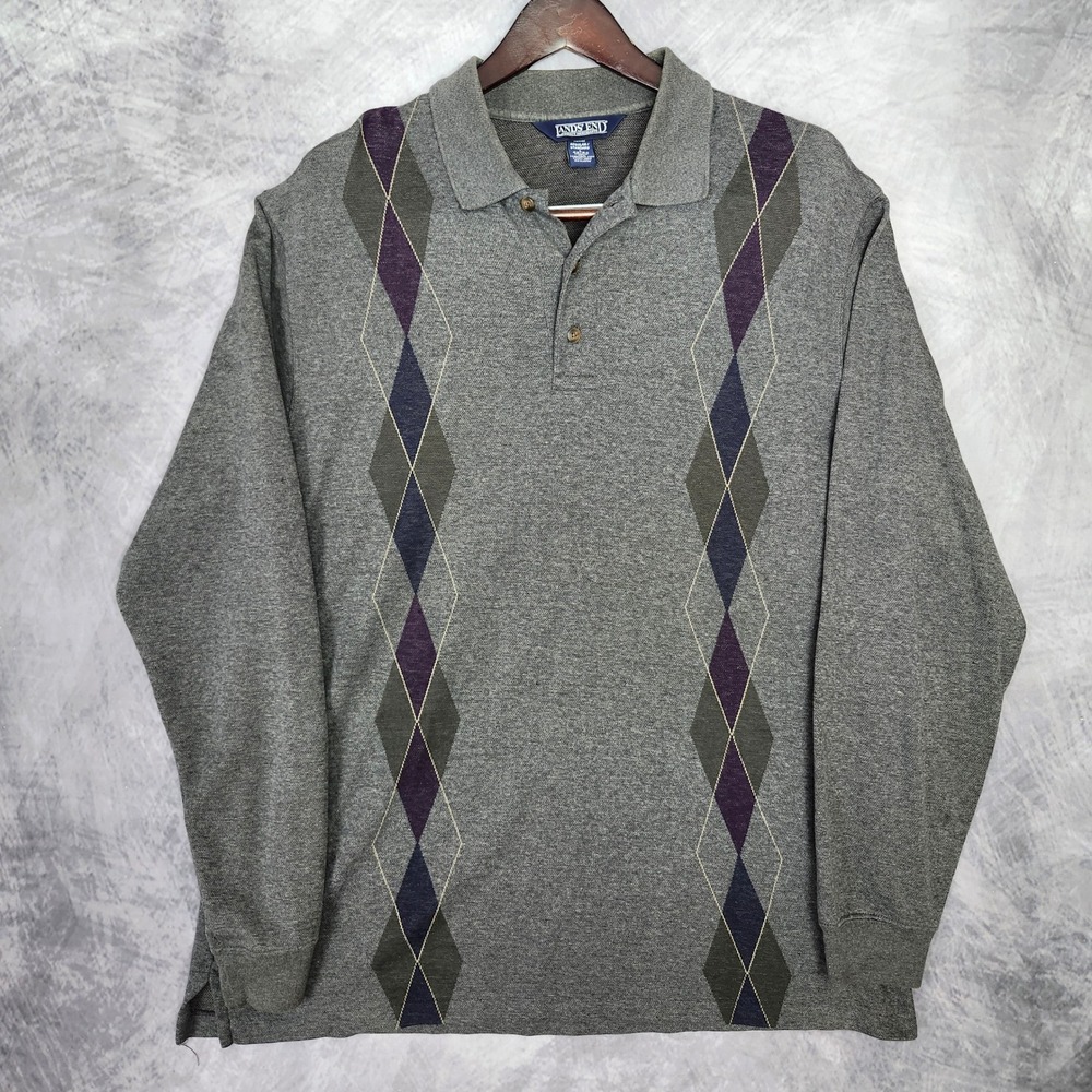 Vintage 90s Lands End Argyle Long Sleeve Polo Shirt Large Grey Preppy Academic